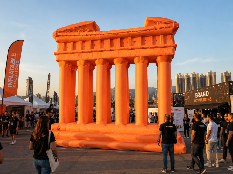 Large inflatable ancient temple replica displayed at an outdoor event