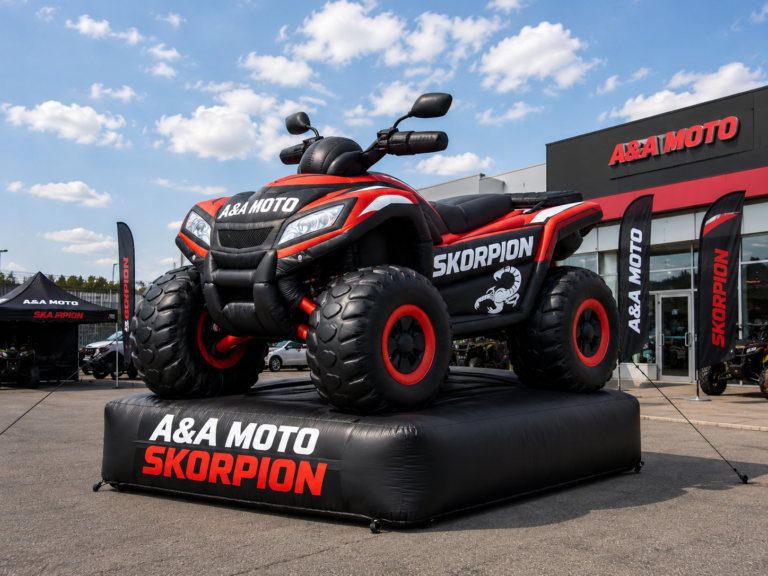 Giant inflatable ATV replica displayed outside a motorsports showroom