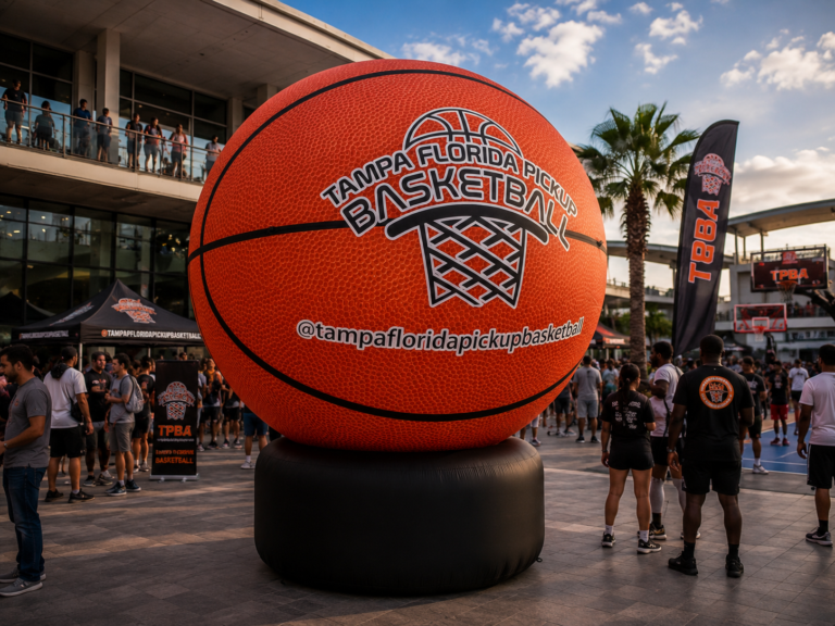 Giant inflatable basketball replica displayed at a sports brand activation