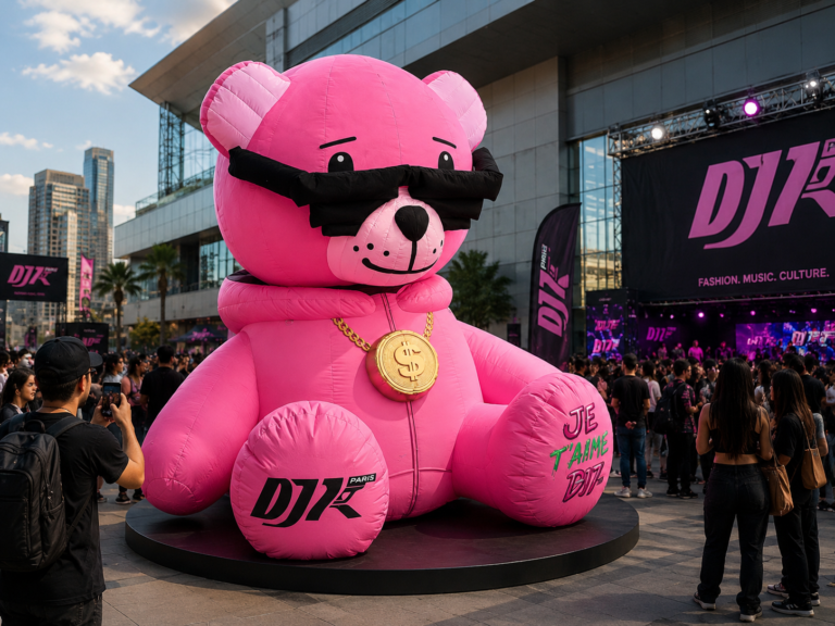 Giant inflatable pink bear displayed at a fashion and music brand event