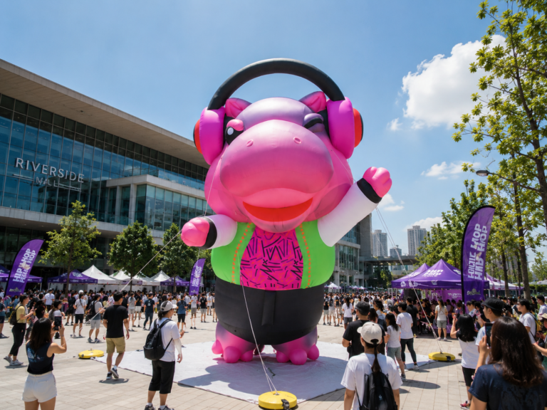 Giant inflatable hippo mascot with headphones displayed at an outdoor music event