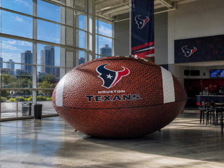 Giant inflatable American football displayed inside a modern sports venue