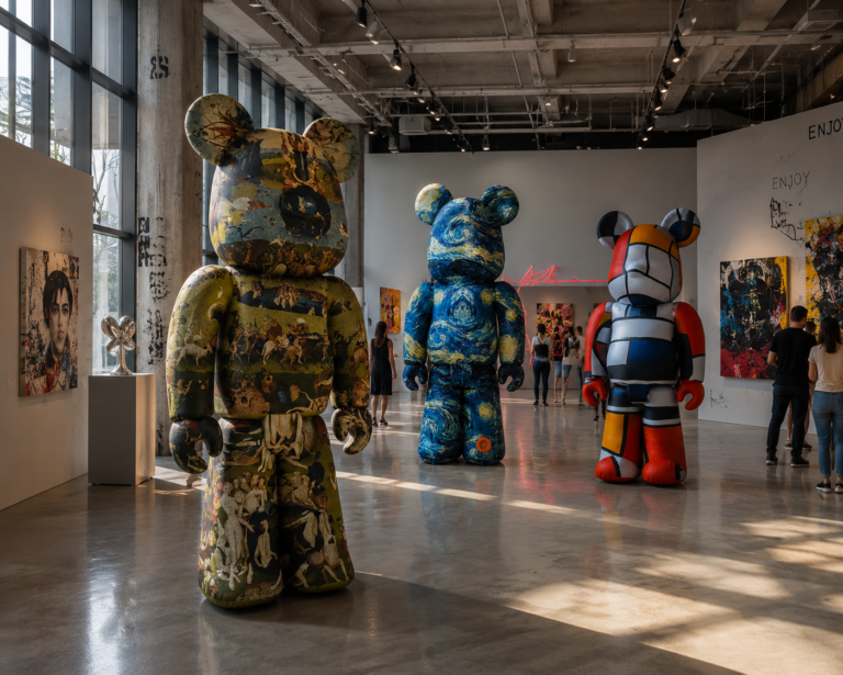 Three giant inflatable art figures displayed across a contemporary gallery exhibition