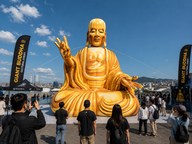 Giant inflatable Buddha installation displayed at an outdoor cultural event