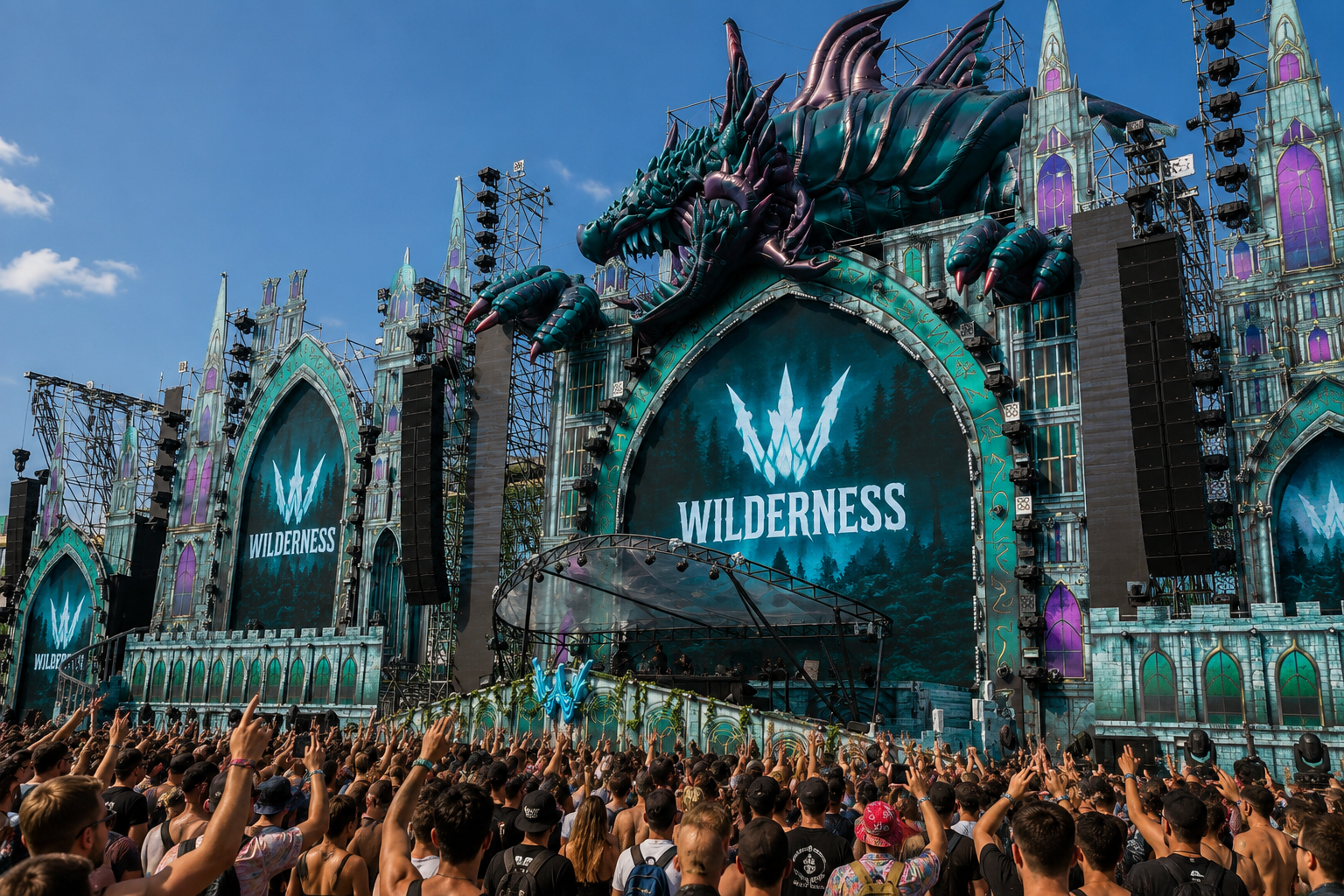 Giant inflatable dragon stage installation at an outdoor music festival