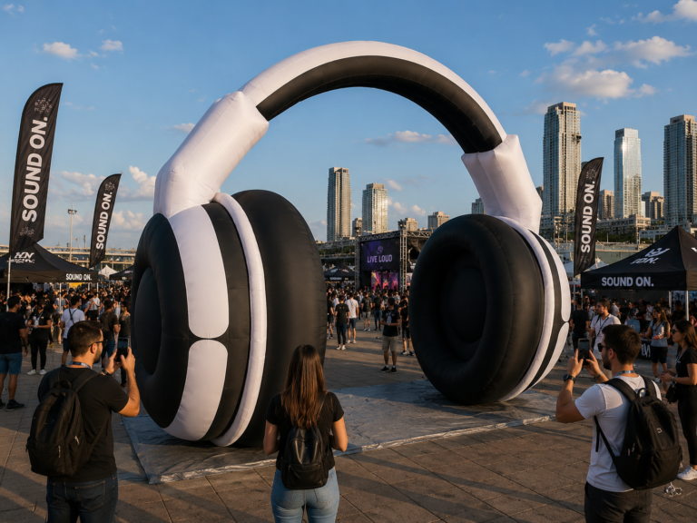 Giant inflatable headphones displayed at an outdoor music festival