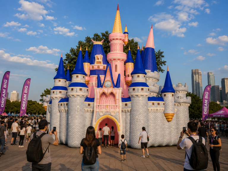 Giant inflatable fairytale castle displayed at an outdoor family event