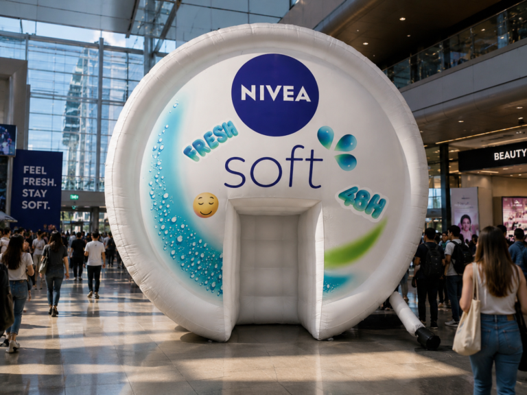 Inflatable product display shaped like a cosmetic cream container at an indoor brand activation