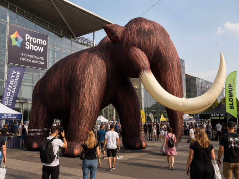Giant inflatable mammoth installation displayed at an outdoor trade show
