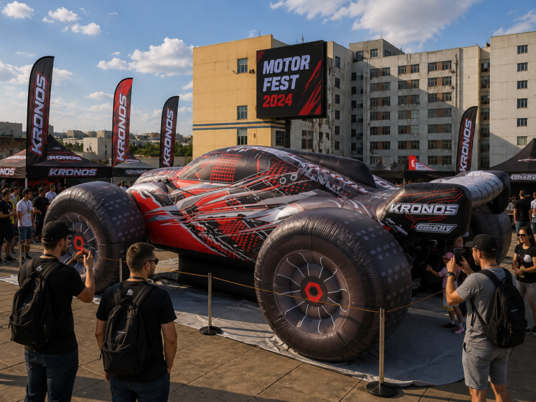 Giant inflatable racing car replica displayed at an outdoor motorsports event