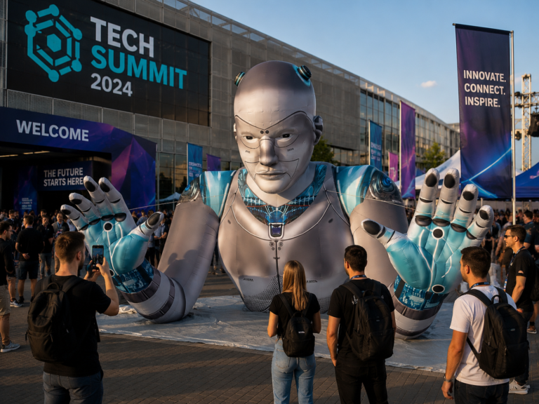 Giant inflatable robot figure displayed at an outdoor technology event