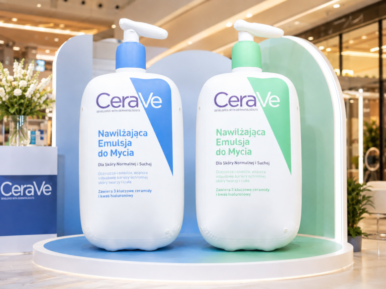 Giant inflatable skincare product replicas displayed at a beauty retail activation