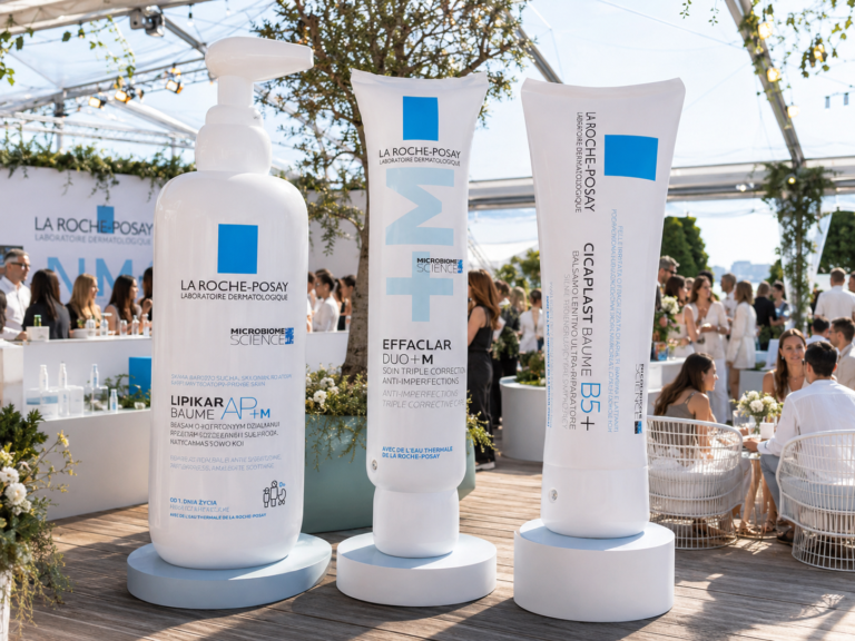 Giant inflatable La Roche-Posay skincare product replicas displayed at a branded outdoor event