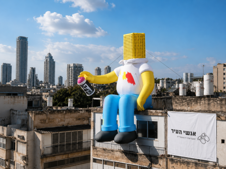Giant inflatable urban character displayed on a rooftop as a public art installation