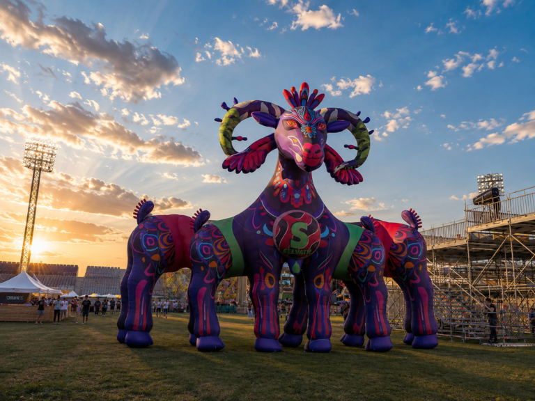 Giant colorful inflatable fantasy creature displayed at an outdoor festival