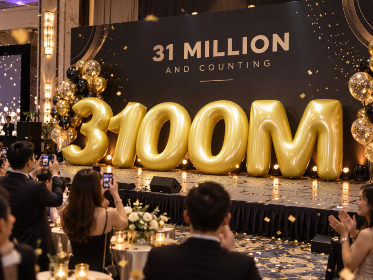 Large gold inflatable 3100M numbers displayed as a milestone celebration installation at a corporate event