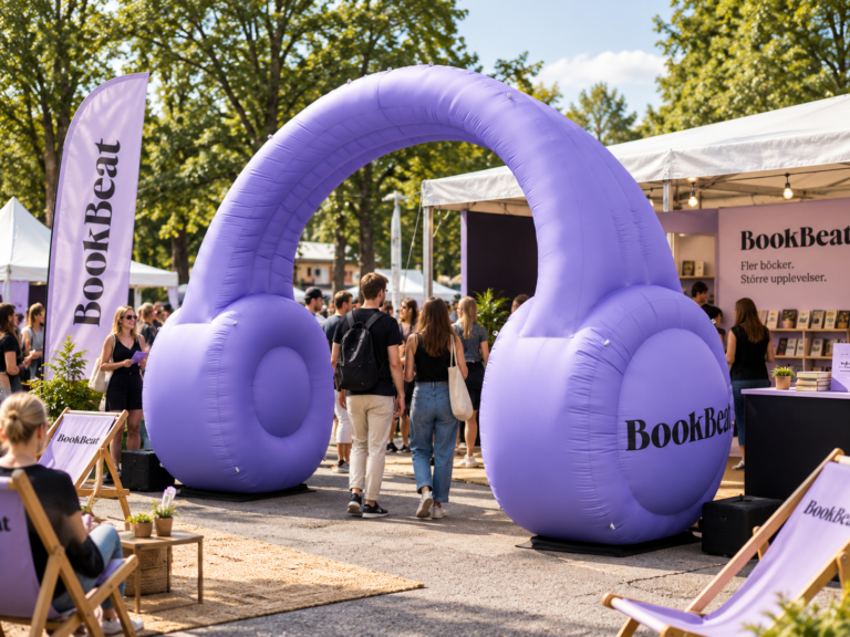 Giant inflatable BookBeat headphones displayed at an outdoor promotional event