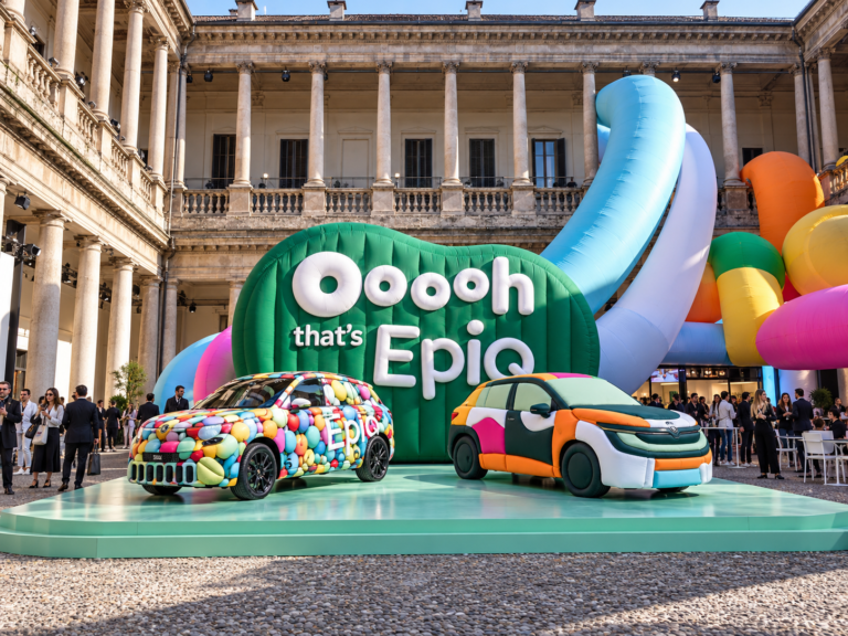 Large inflatable Epiq brand installation displayed during a design and automotive event