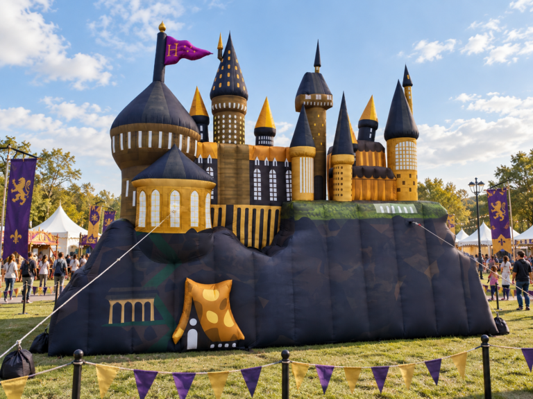 Giant inflatable fantasy castle installation displayed at an outdoor themed event