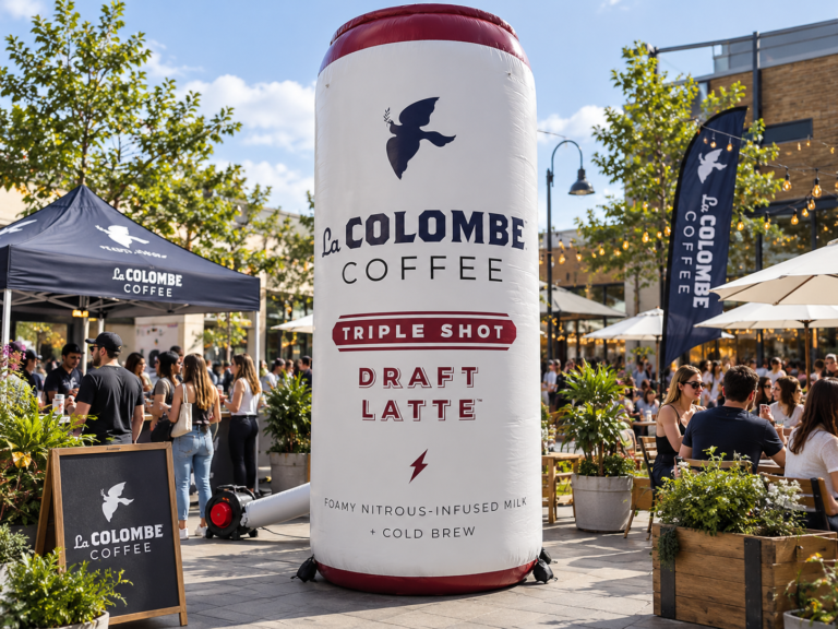 Giant inflatable La Colombe Draft Latte can displayed as a promotional advertising installation