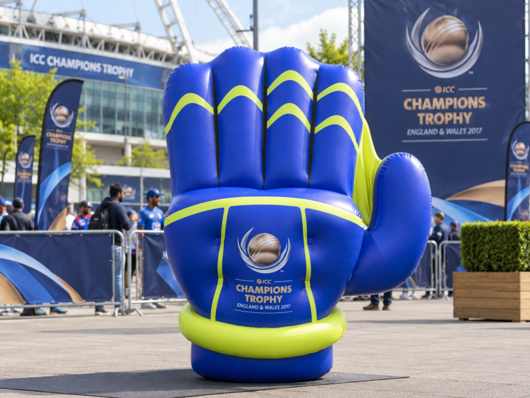 Large inflatable cricket glove branded for ICC Champions Trophy events and fan activations