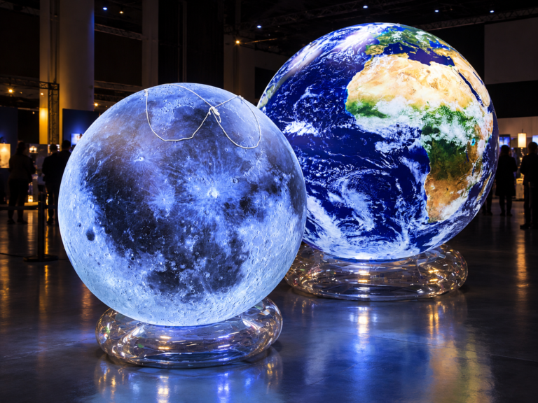 Illuminated inflatable Earth and Moon spheres displayed at an indoor exhibition