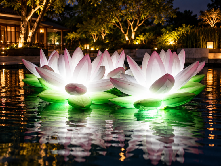 Illuminated inflatable lotus flowers displayed on water as a decorative nighttime installation