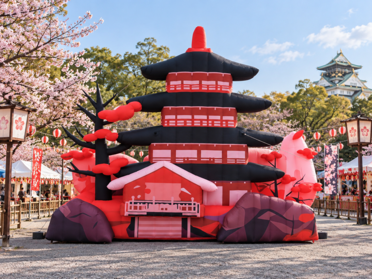 Large inflatable Japanese pagoda installation displayed at a themed cultural event