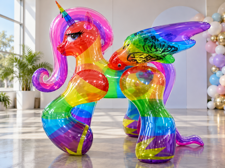 Transparent rainbow inflatable unicorn with wings displayed as a decorative event element