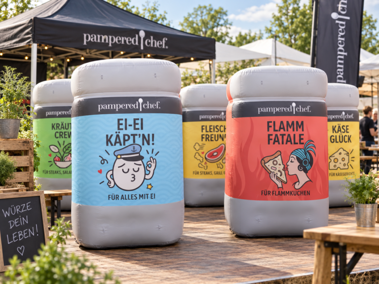 Large inflatable Pampered Chef spice jars displayed during a branded promotional event