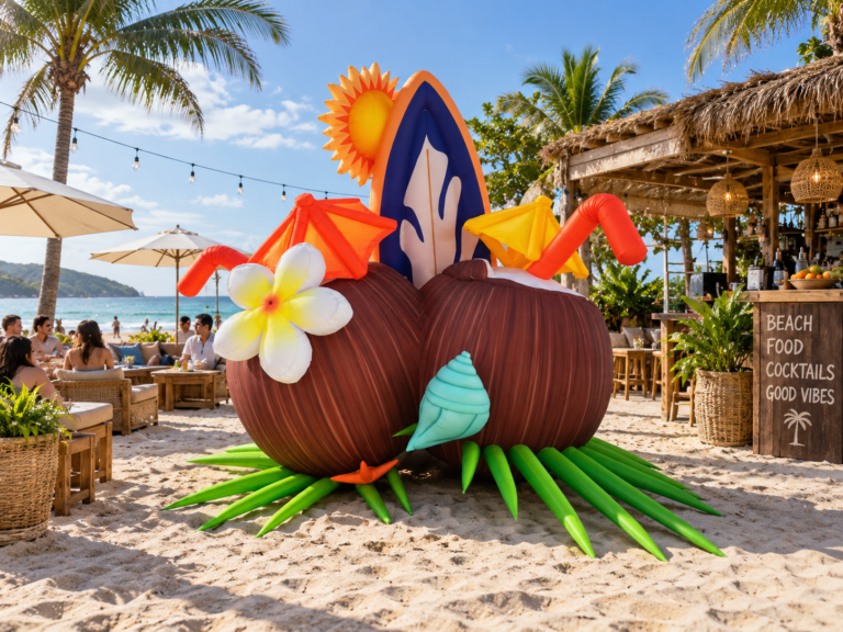 Giant inflatable tropical coconut installation displayed at a beach event and hospitality activation