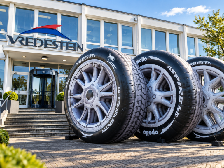 Giant inflatable Vredestein tire replicas displayed outside the brand’s building