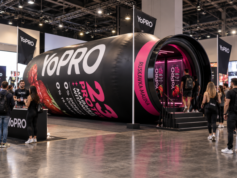 Giant inflatable YoPRO bottle installation used as an immersive product display at a brand event