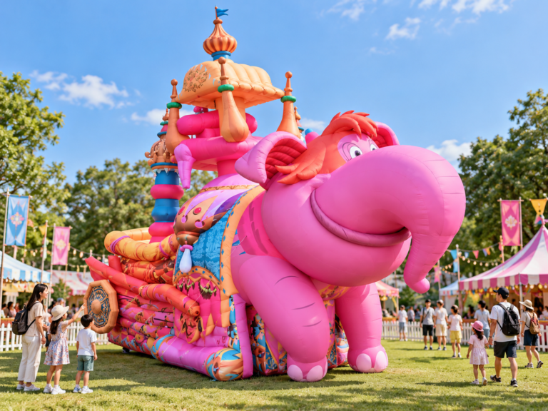 Giant inflatable elephant-themed event installation displayed at a family outdoor festival