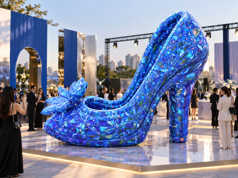 Giant inflatable blue high heel displayed as a large-scale event installation