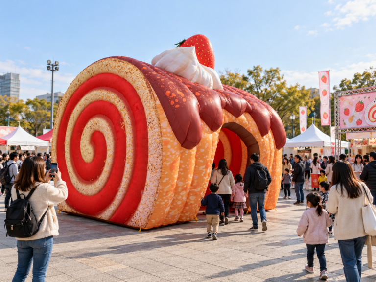 Giant inflatable strawberry roll tunnel displayed at an outdoor food and family event