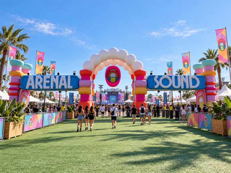 Large inflatable festival entrance arch at an outdoor music event